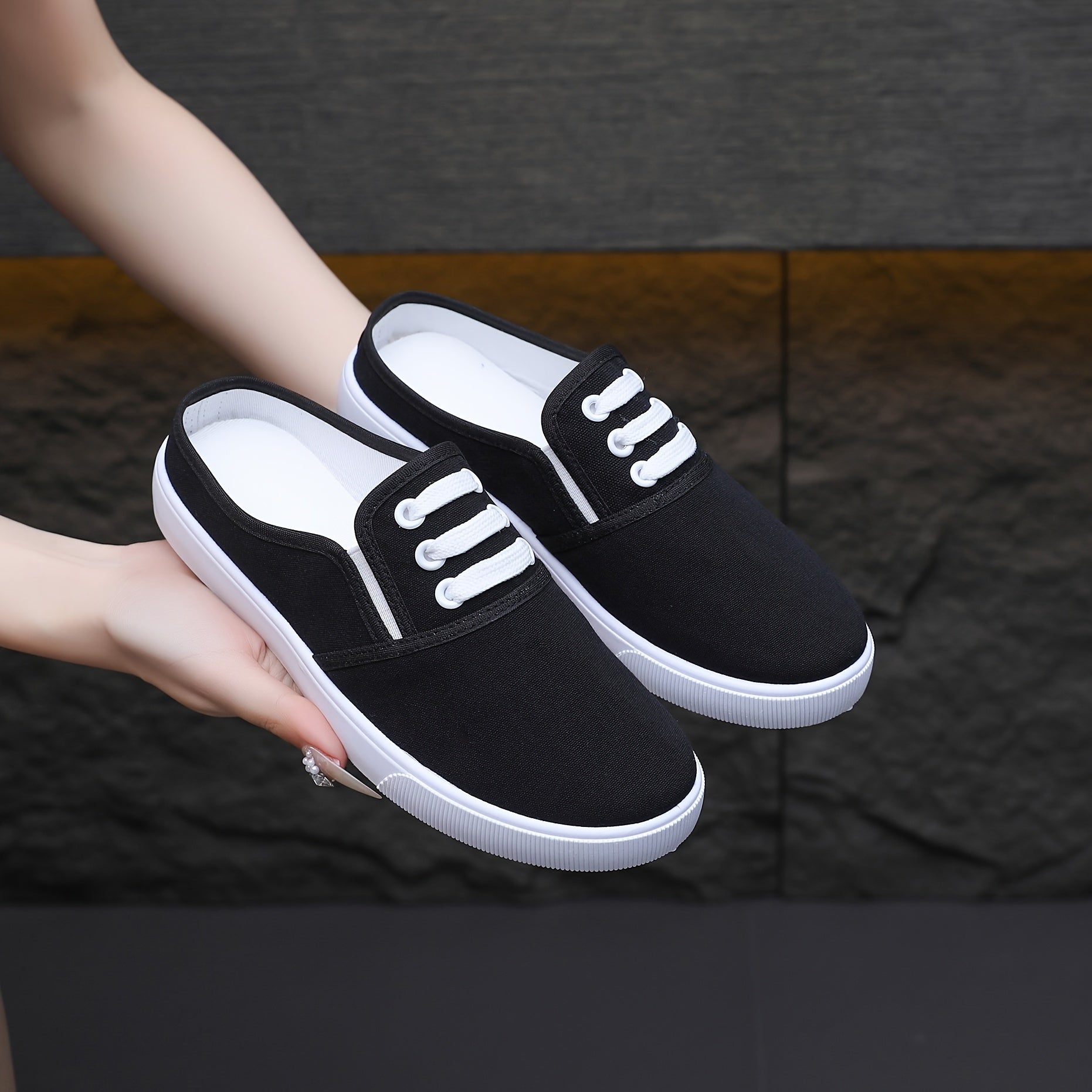 Women's Casual Slip-On Sneakers Breathable Fabric Black White Lightweight