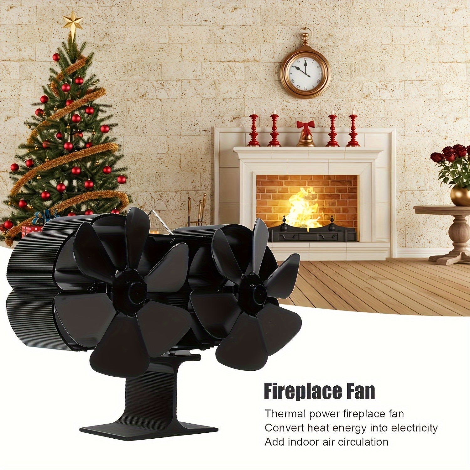 Dual-Head 12-Blade Wood Stove Fan Non-Electric Heat-Powered with Thermometer