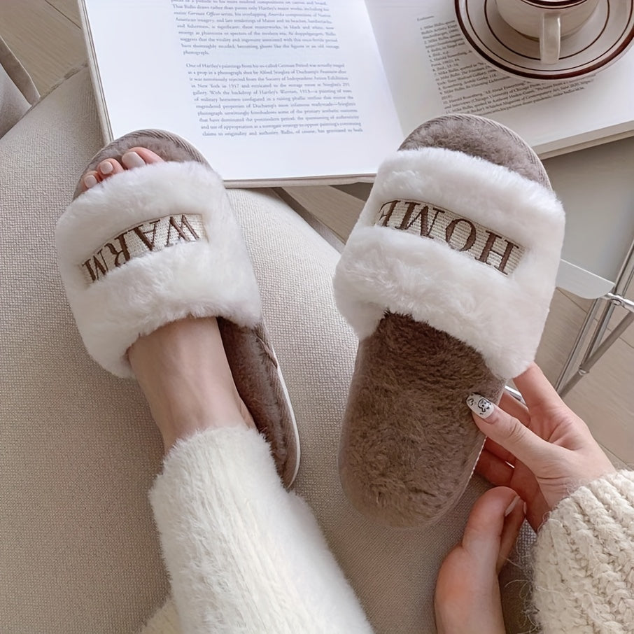 Women's Faux Fur Open-Toe Slippers for Living Room and Bedroom Warm Anti-Slip