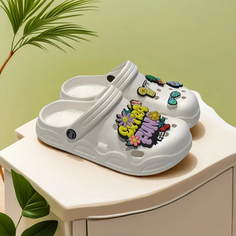 Women’s EVA Beach Clogs Black Pink with Playful Accessory Charms
