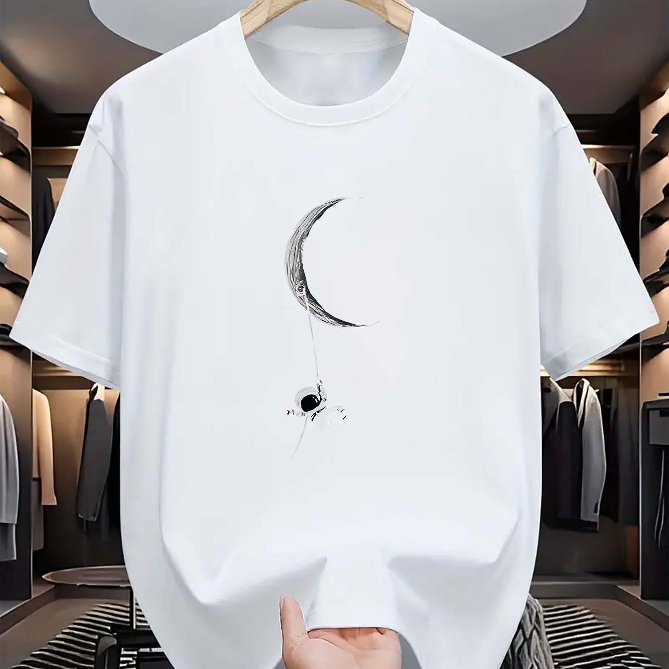Men's Polyester Crew Neck T-Shirt with Astronaut and Moon Graphic for Summer Casual Fit