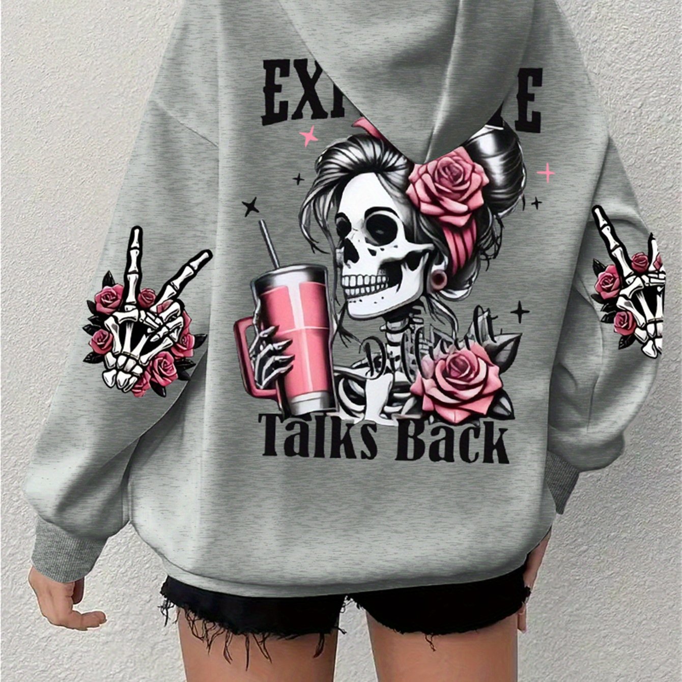 Plus Size Skull Print Drawstring Hoodie Casual Long Sleeve Fall Winter Women's Clothing