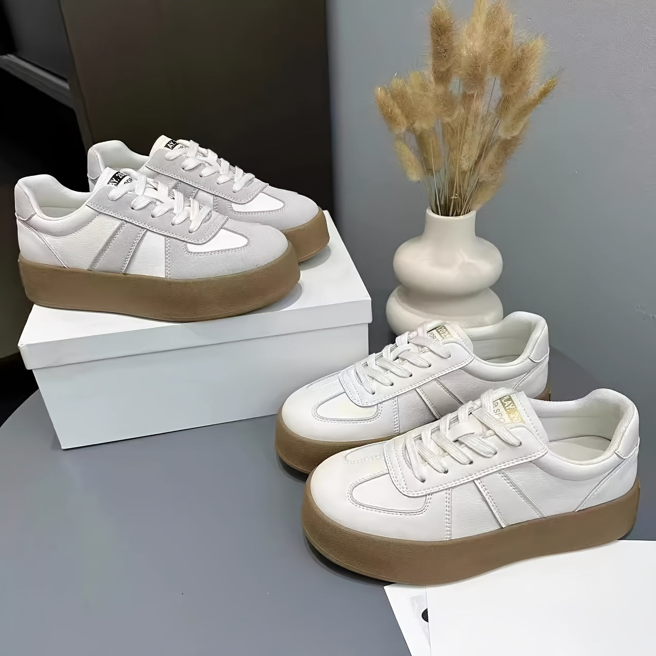 Women's Chunky Platform Sneakers White Brown Casual Lace-Up Shoes