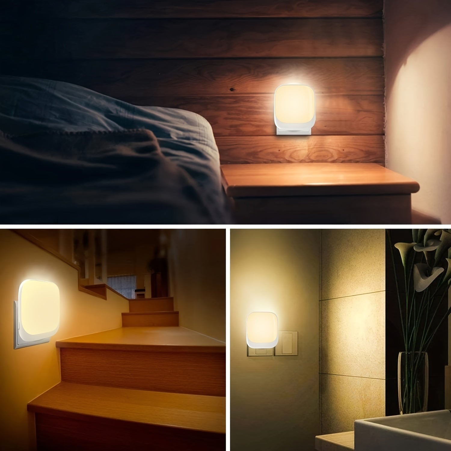 Plug-In Night Light with Dusk to Dawn Sensor and Three-Level Brightness for Bedroom Hallway Kitchen Bathroom