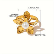 Women’s Titanium Steel Ring with Open Flower Design and Imitation Pearl