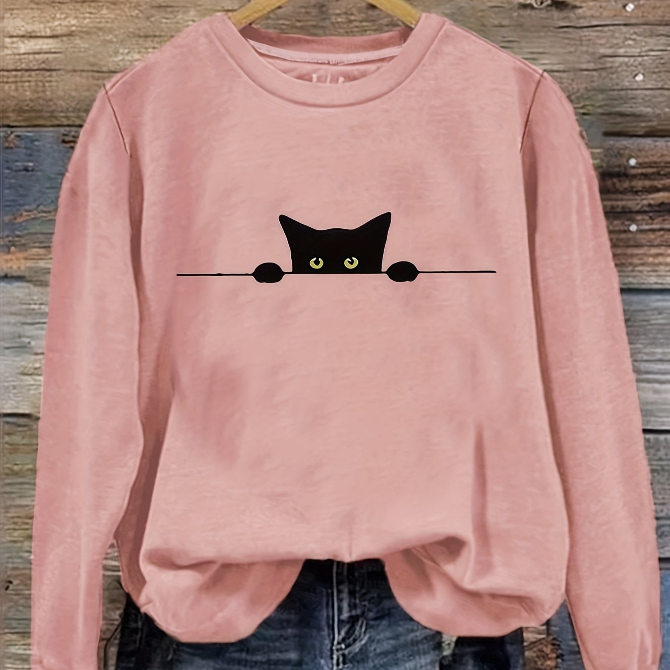 Plus Size Women's Cat Print Sweatshirt Long Sleeve Crew Neck Pullover