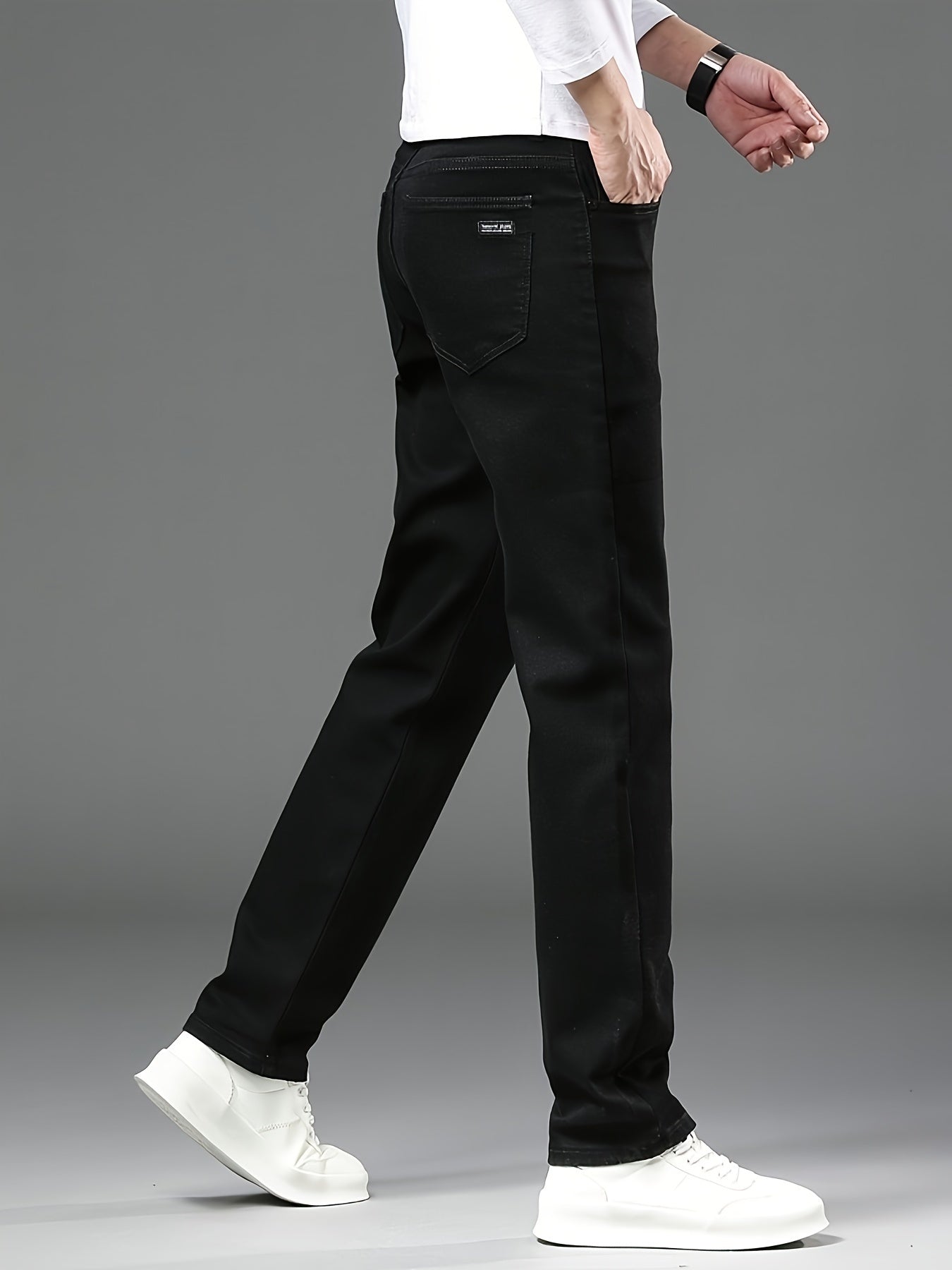 Jeans de mezclilla ajustados para hombre, de tela elástica, negros, de tiro medio, casuales, para todas las estaciones