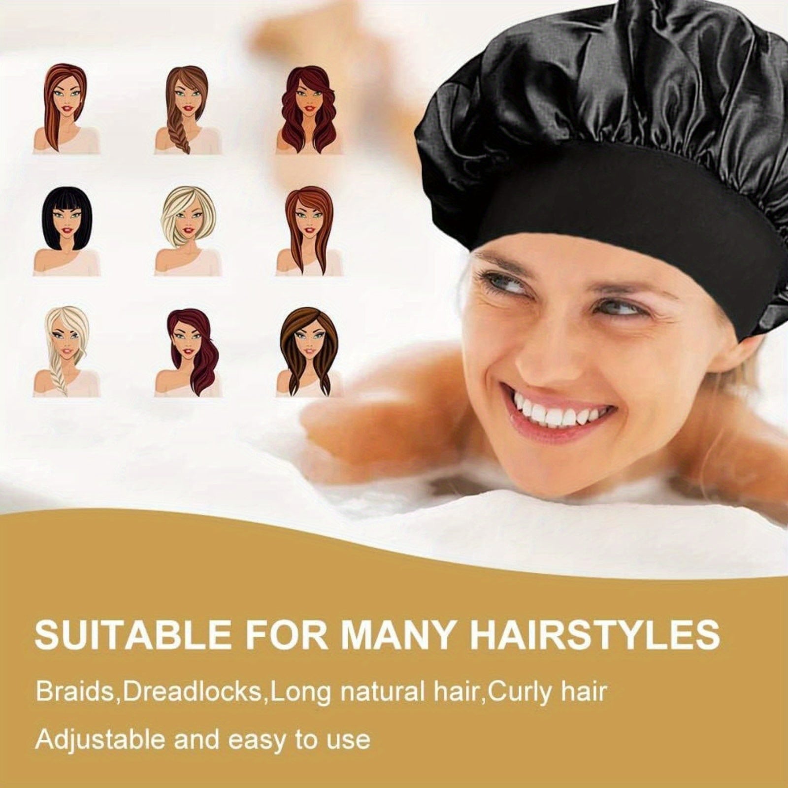 Wide Brim Sleep Cap Adjustable Soft Comfortable Hair Care Accessory Black Beige