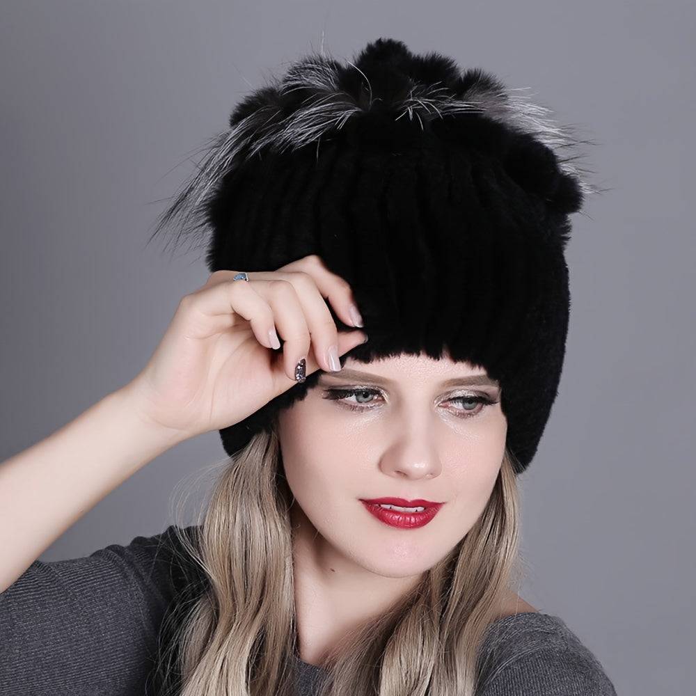 Faux Fur Beanie for Women and Girls Warm Knit Winter Hat