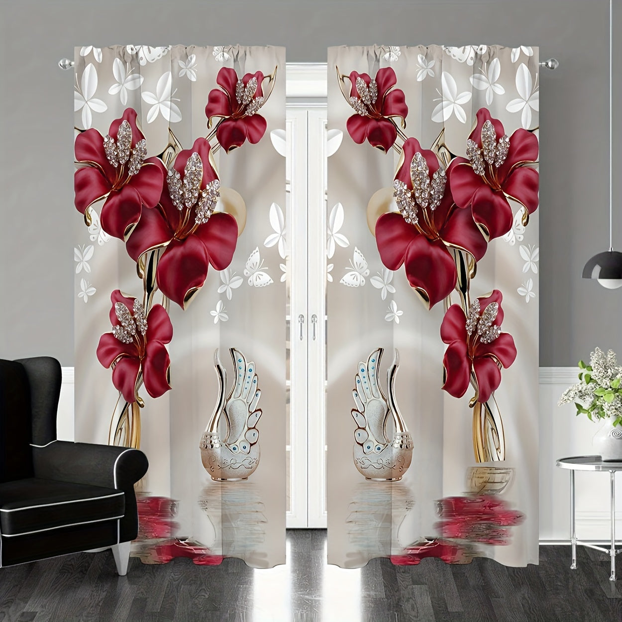 Paneles de cortina con estampado floral y bolsillo para barra para tratamientos de ventanas en dormitorio y sala de estar