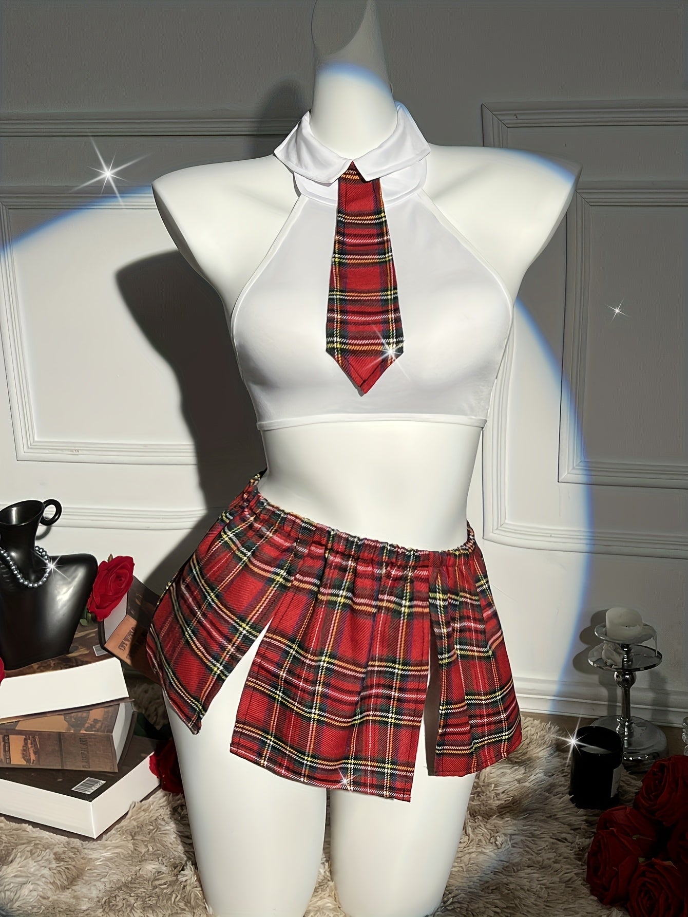 Women’s Plaid Lingerie Set with Crop Top Tie Thong and Skirt