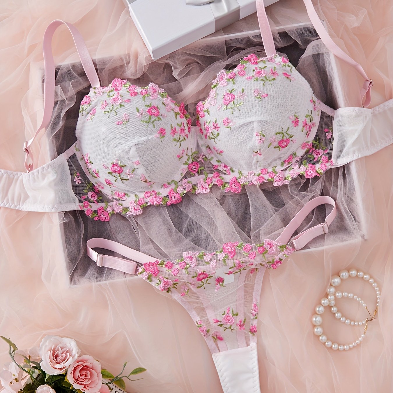 Adult Women's Floral Lingerie Set Polyester Blend Semi-Sheer with Stretch