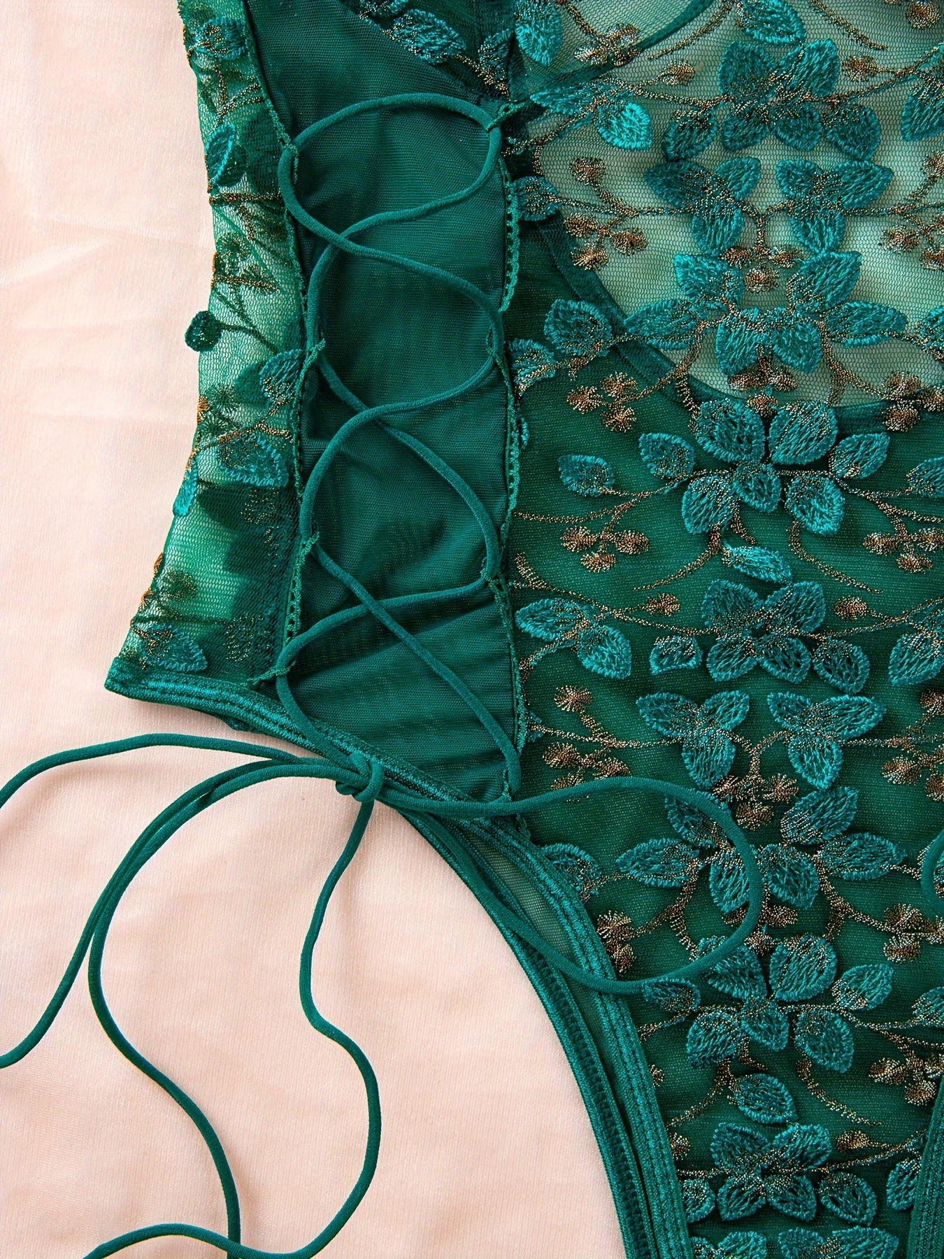 Women's Floral Lace Teddy and Mesh Backless Thong Lingerie