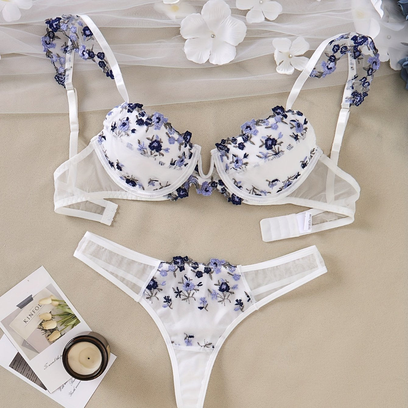 Women's Floral Embroidered Cami Bra and Panties Set Elegant Lingerie