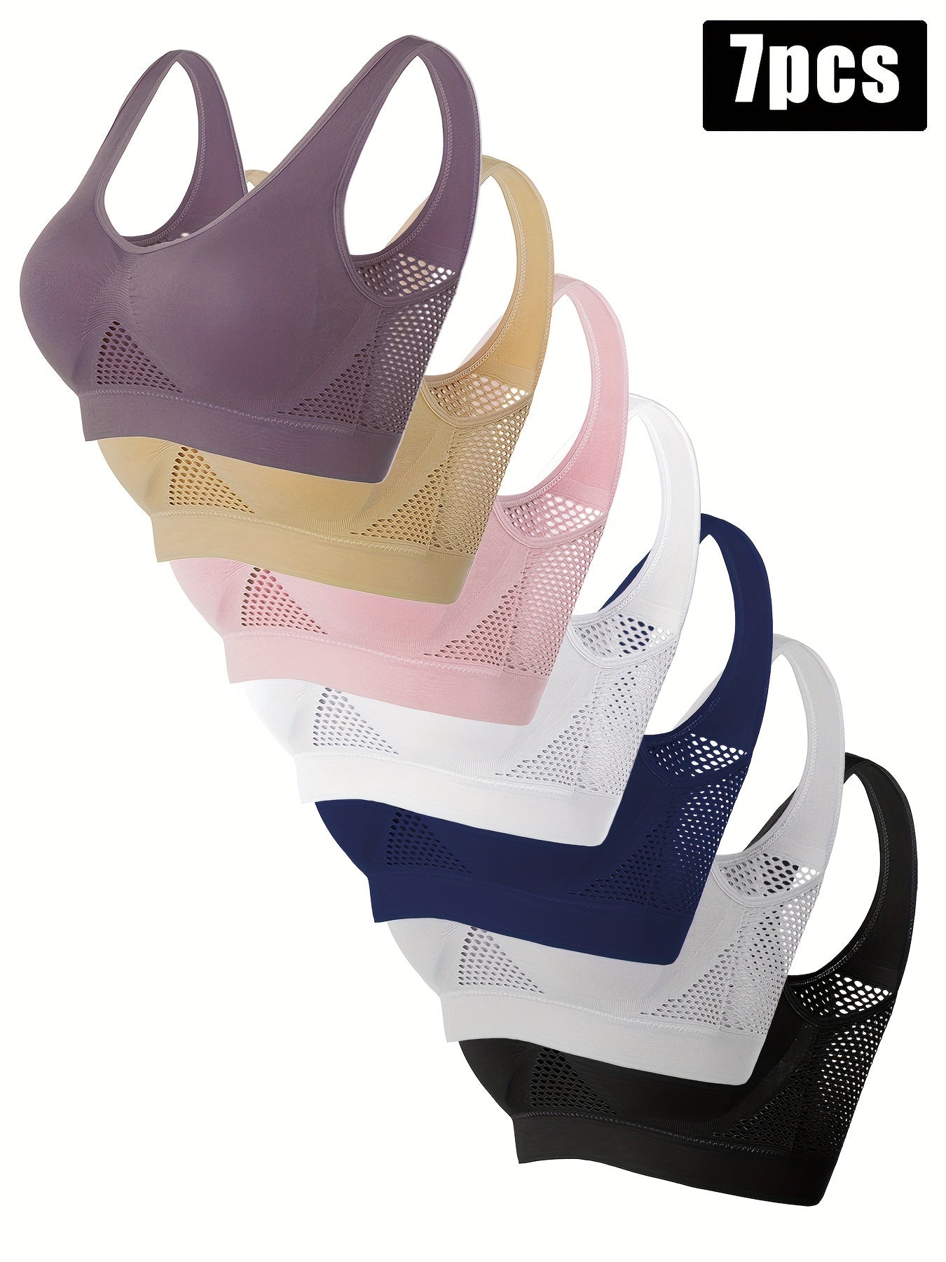 Plus Size Sports Bras 7-Pack Nylon Breathable Mesh Removable Pads