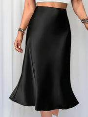 Women's Plus Size Elegant Black A-Line Midi Skirt with High-Low Hem