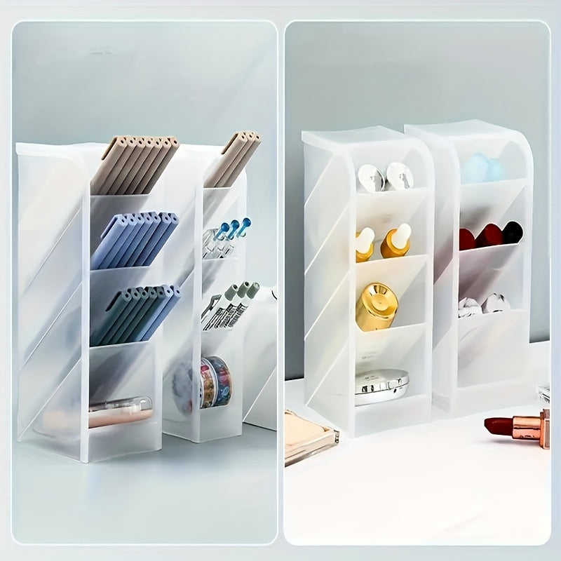 Ko'p funksiyali stol tashkilotchisi, shaffof plastik qalam ushlagichi va muzlatilgan qiyshiq qo'shimcha dizayni bilan. Ofis anjomlari, qalamlar, makiyaj cho'tkalari va lab bo'yoqlari uchun ishlatilishi mumkin. Siqilgan va joyni tejovchi.