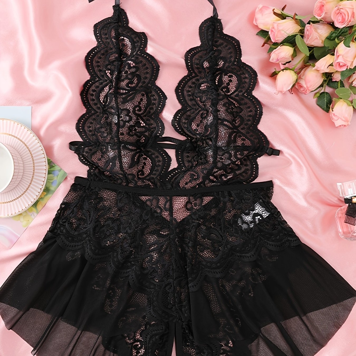 Women's Lace Pajamas Set with Satin Trim and Adjustable Straps