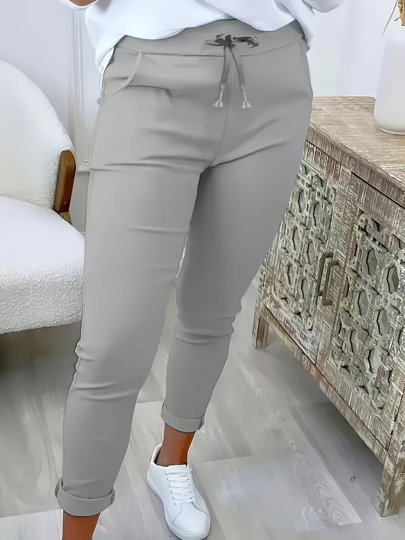 Pantalones ajustados de talla grande para mujer de color sólido, poliéster, punto, elasticidad media, cintura elástica, bolsillos