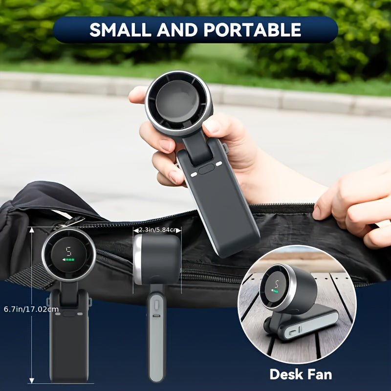 Mini Handheld Fan with 5-Speed Control Digital Display USB Rechargeable for Travel Camping Outdoor Black Gray