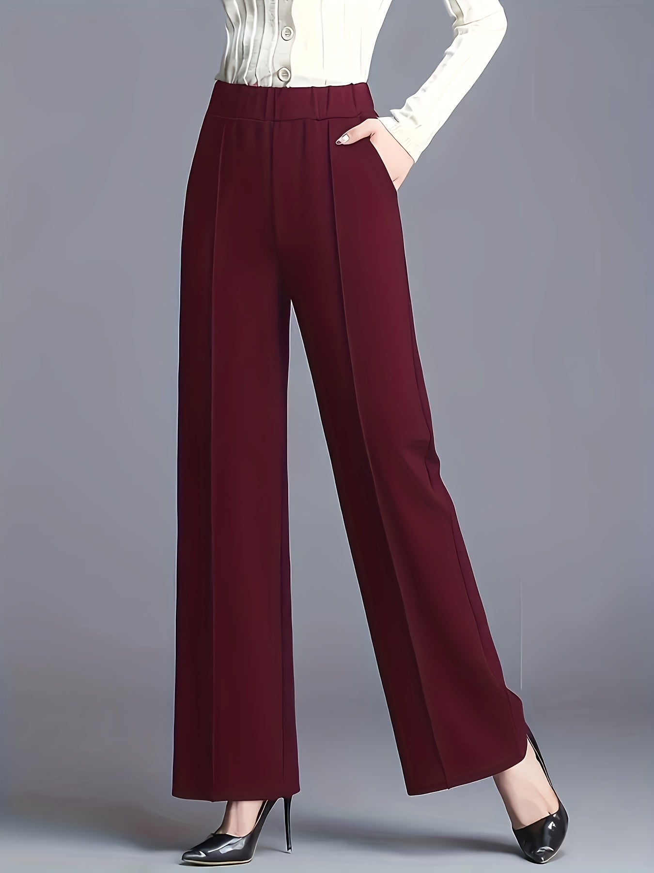 Women's Straight Leg Pants with Pockets Solid Color Stretchy Polyester Casual
