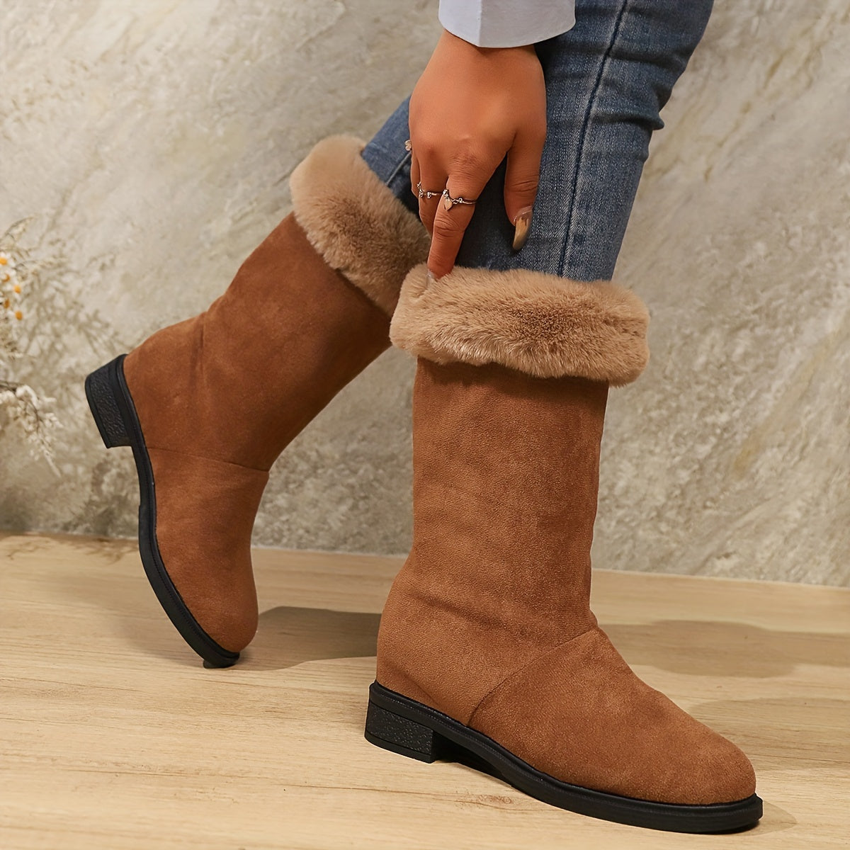 Women's Winter Mid-Calf Boots Soft Plush Cuff Slip-On Platform Waterproof