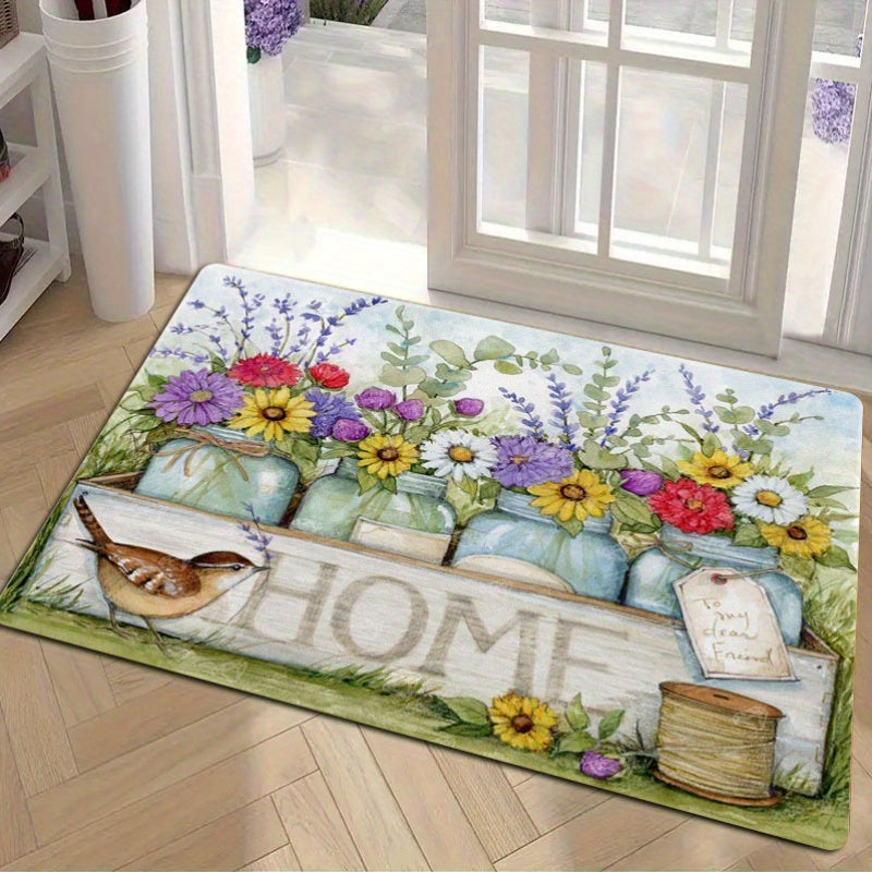 Spring Floral Bird Door Mat, Anti-Fatigue, Machine Washable, Non-Slip, 1.2cm Thick