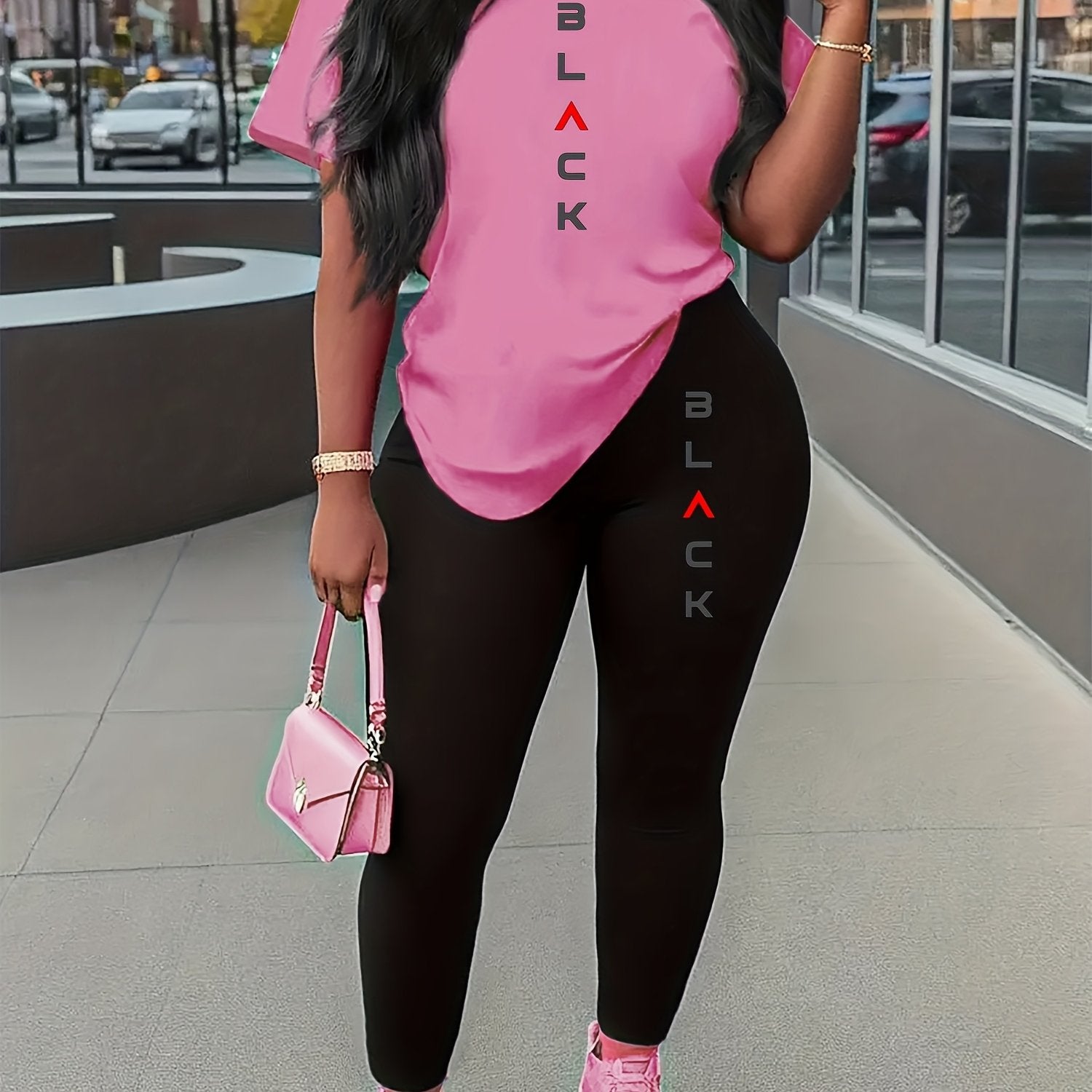 Women's Summer Sports Set Long Pants Short Sleeve Letter Print Elastic