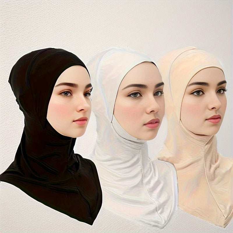 Women’s Elastic Modal Hijab Caps Pack of 3 Breathable Polyester Solid Color Head Wraps with Snap Closure