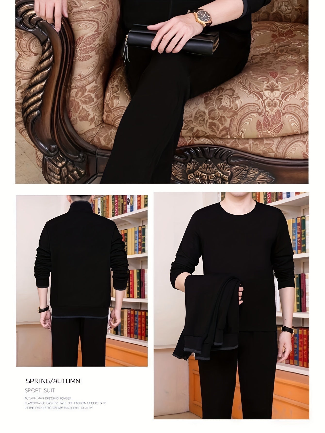 Men's Knit Tracksuit Set Solid Color Polyester Blend Autumn Winter Stretch Fit Zip Closure