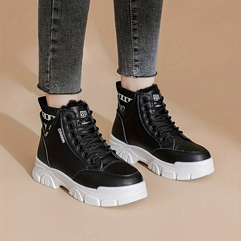 Women's Thick Sole Ankle Boots Warm Fleece Winter Lace-Up