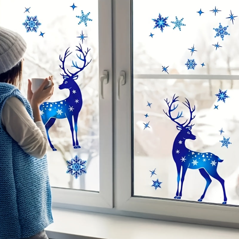 30 Pieces Blue Reindeer Snowflakes Static Cling Window Decals Holiday Decor