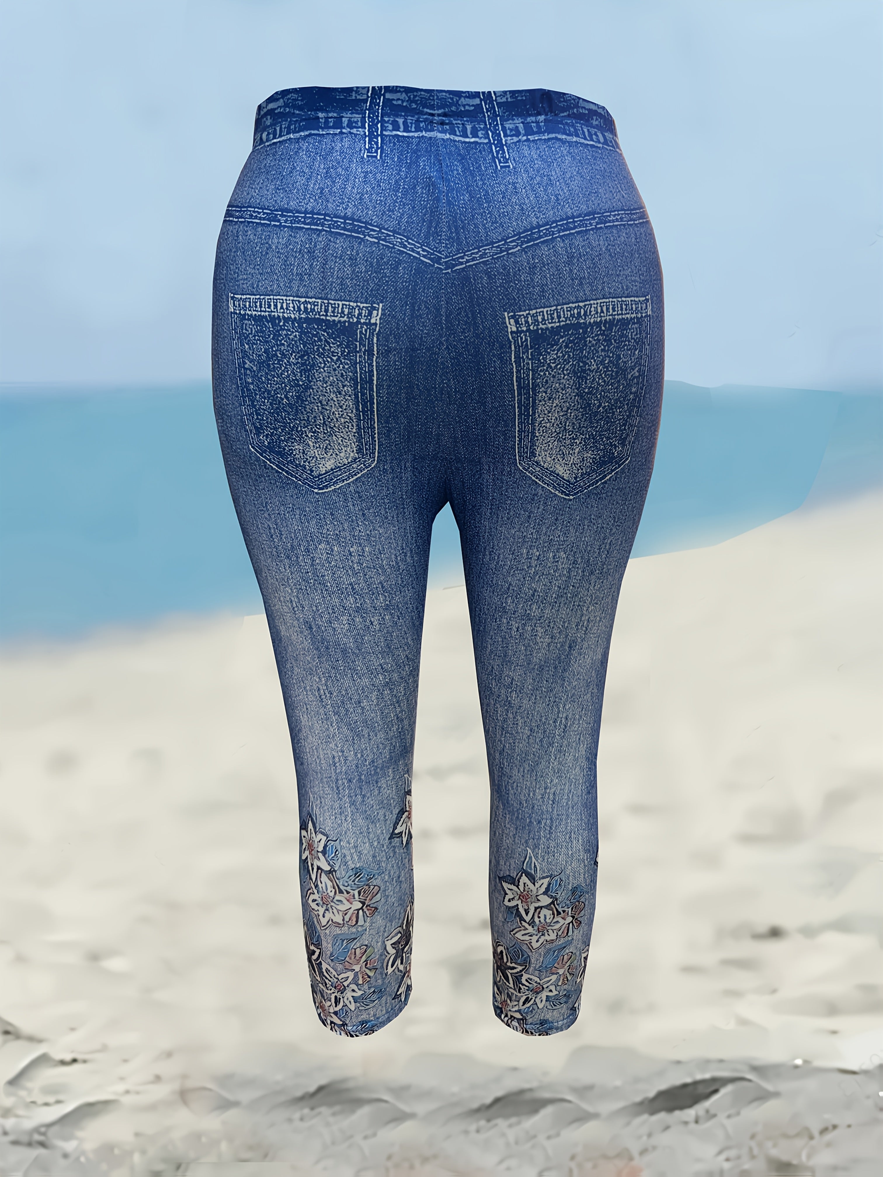 Women’s Plus Size Floral Print Capri Leggings Breathable Light Blue Elastic Waist