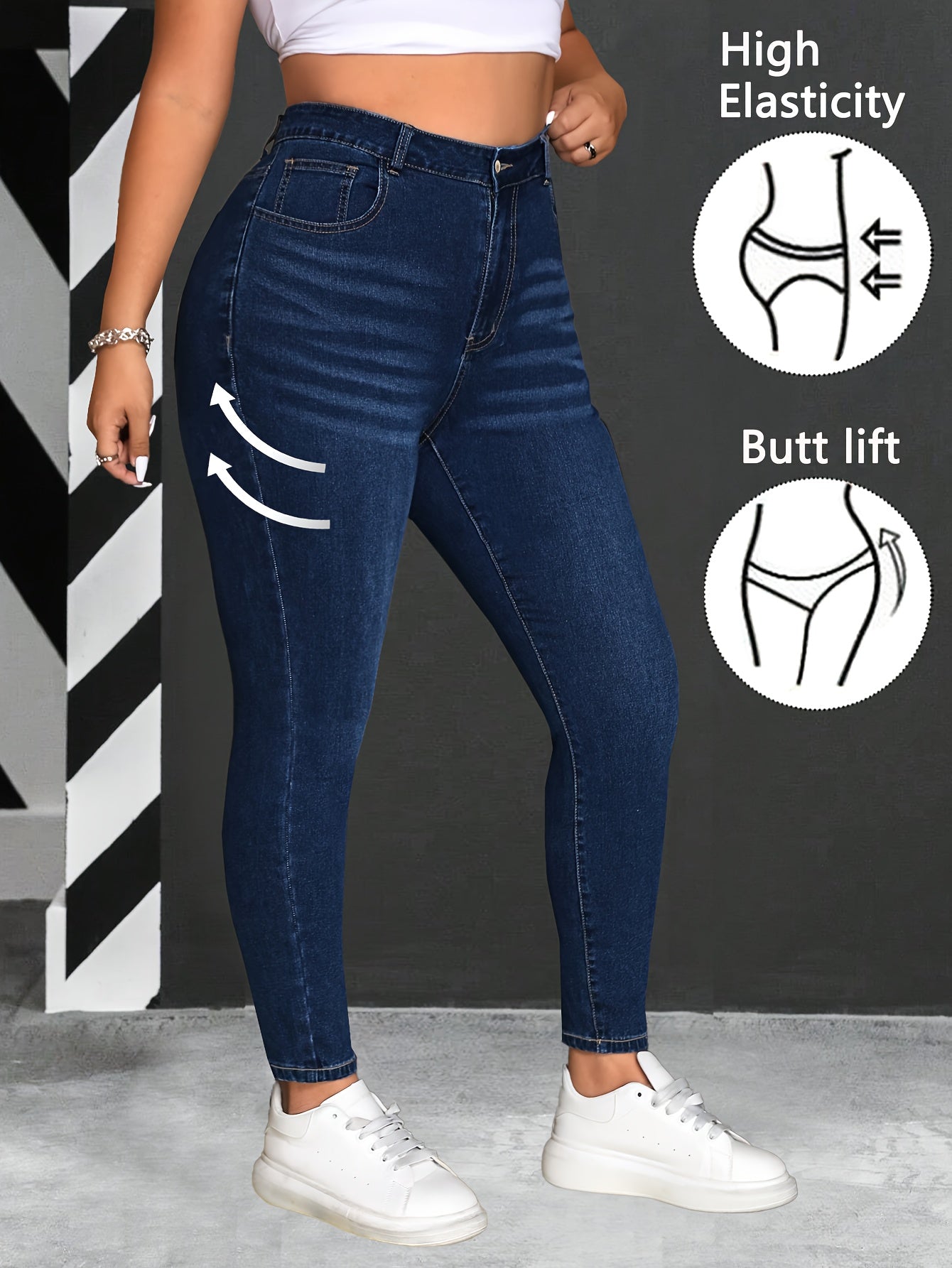 Plus Size High Stretch Skinny Jeans Solid Color Denim Cotton Blend Long Length Woven Pants