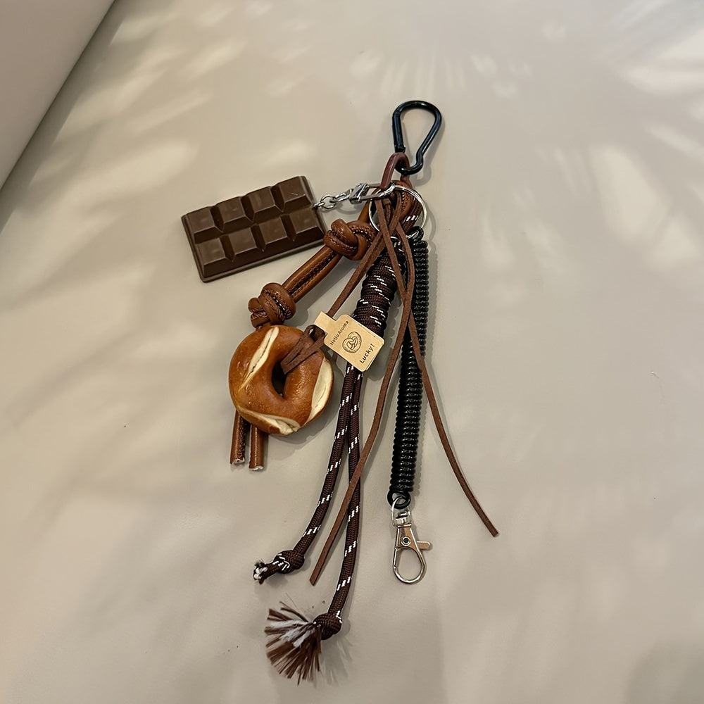 Rock-Inspired Faux Leather Keychain with Chocolate Pretzel Donut Charms and Tassel