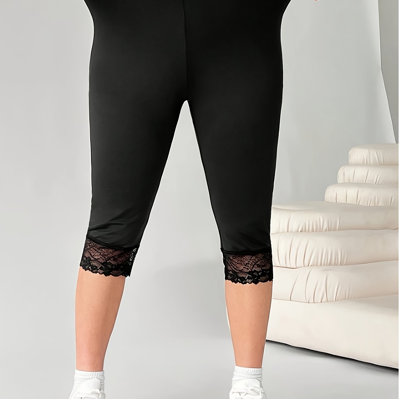 Women's Plus Size Black Capri Leggings with Lace Trim High Waist Stretchy