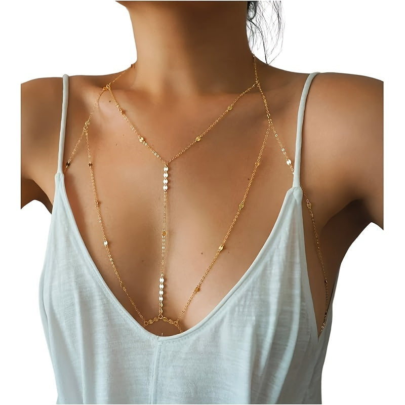 Boho-Chic Body Chain with Sequin Bra and Coin Accents for Beach Party Women