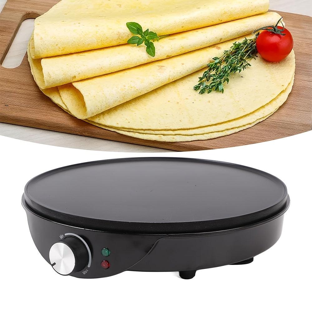 Yashil dumaloq burrito va crepe tayyorlash panasi, yog'och scraper bilan - 1000-1200W, ortiqcha issiqlikdan himoya qilish, knopka boshqaruvi, tortillalar, vafli va uyda tayyorlangan creplar uchun ideal.