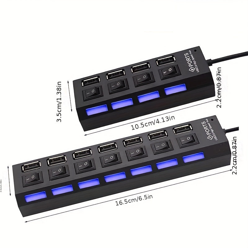 Concentrador USB 2.0 de 4 puertos con interruptores de encendido/apagado para conectividad con múltiples dispositivos