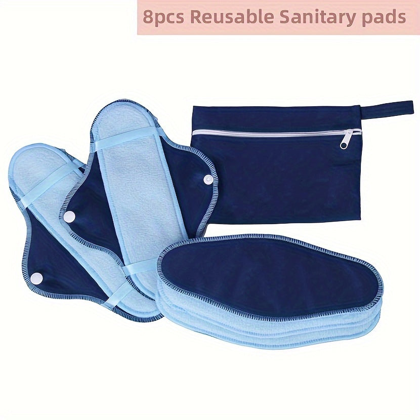 8 ta qayta ishlatiladigan menstruatsiya yostiqlari to'plami, saqlash sumkasi bilan, yuqori singdirish qobiliyatiga ega mikro fliys, 3 ta yostiq qopqog'i, fabrikadan ulgurji gigienik yostiq to'plami