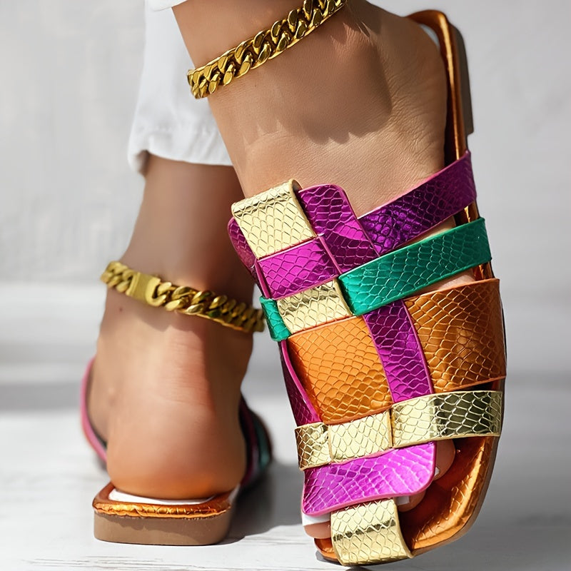 Women's Color-Block Faux Leather Slip-On Square Toe Sandals with Gold and Purple Accents