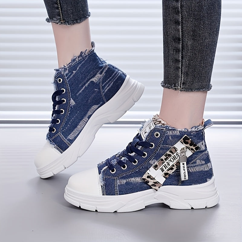 Women's Denim High-Top Sneakers with Zipper, Thick Sole, Comfortable Insole