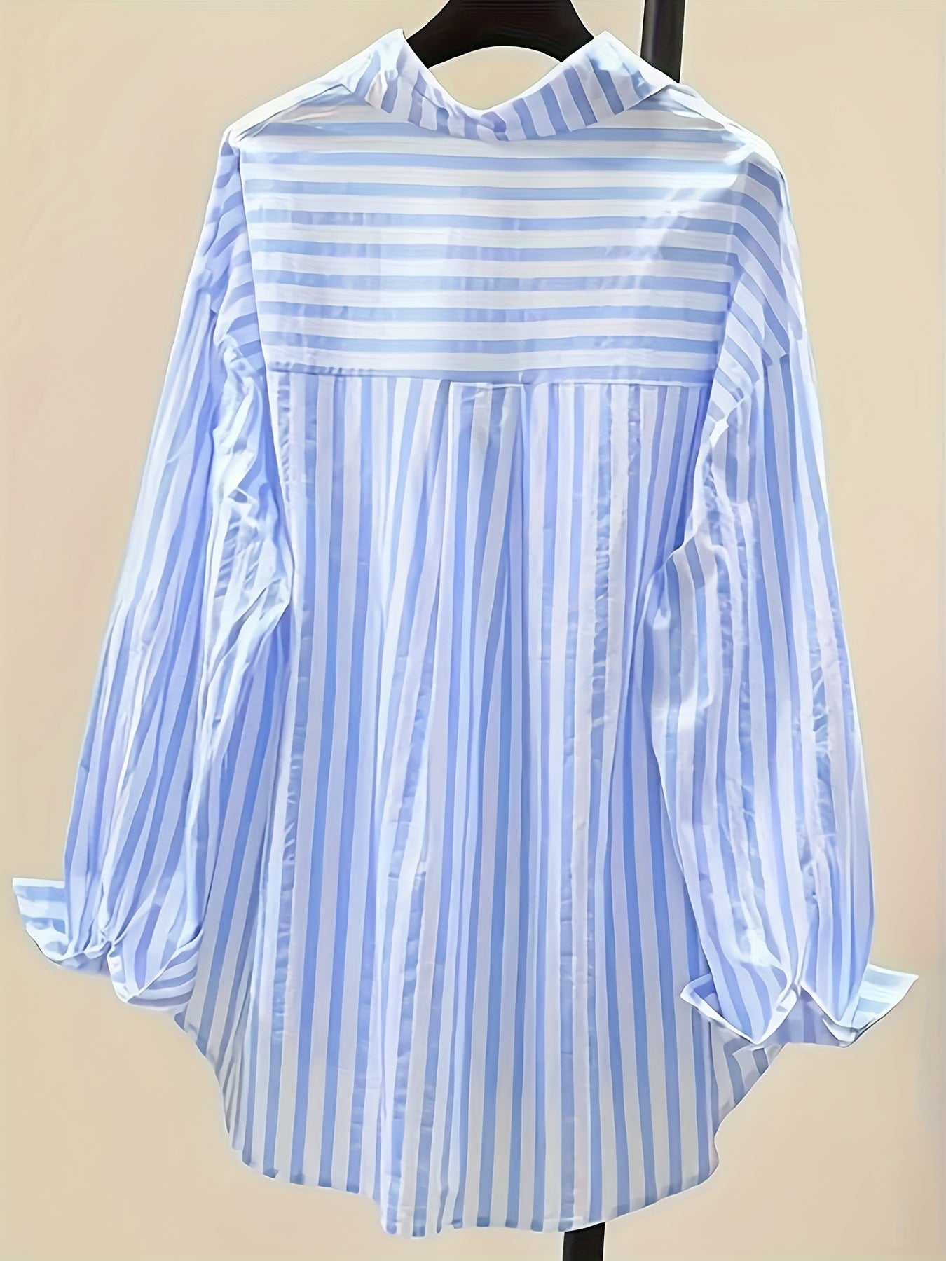 Women's Blue and White Striped Long Sleeve Button-Up Shirt with Collar