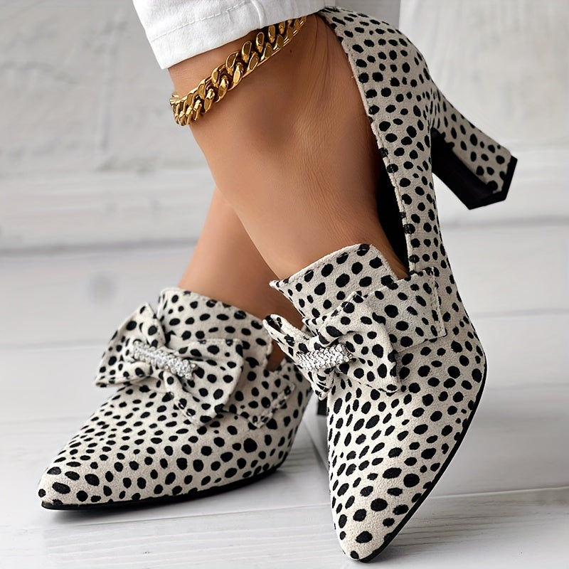Women's Cheetah Print Pumps Rhinestone Bow Slip-On Pointed Toe Chunky Heels