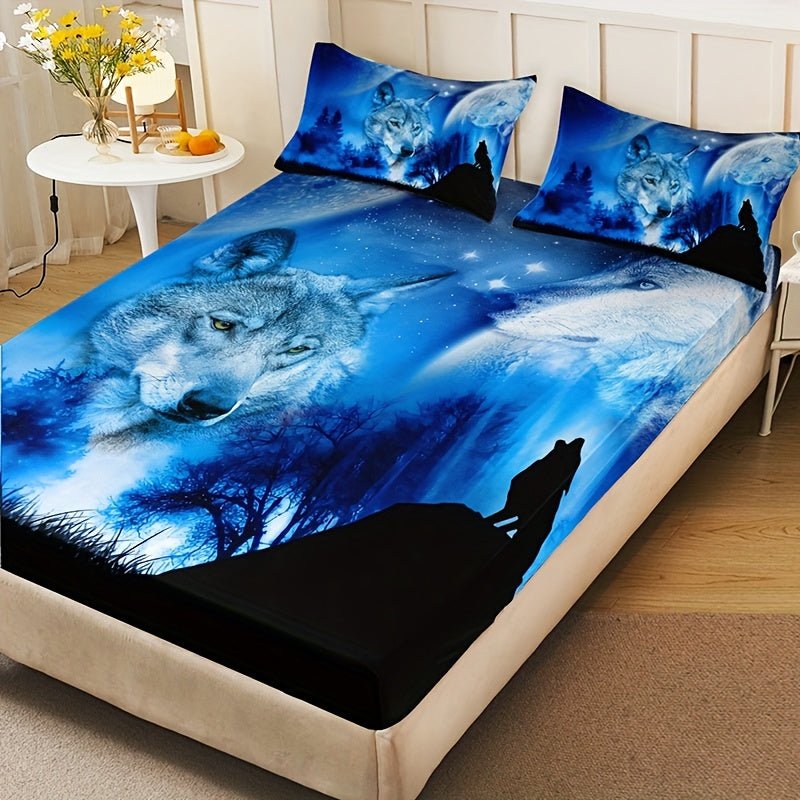 Fitted Sheet Set with Dark Wolf Forest Animal Pattern 3 Pieces Soft Cozy Bedding