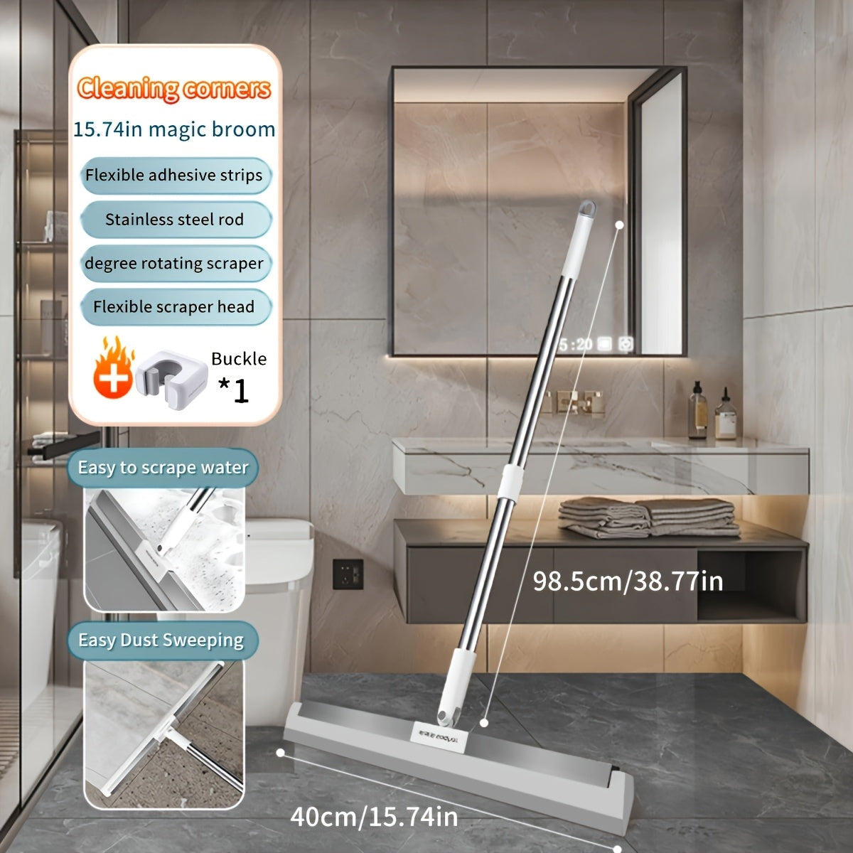 Mustahkam PP materialidan tayyorlangan tozalash vositasi: Hammabop sehrli supurgi, moslashuvchan silikon qizg'ich (49.99 sm) va zanglamaydigan po'latdan tayyorlangan tayoq bilan hammom, hojatxona, shisha va polni oson tozalash va suv artish uchun.
