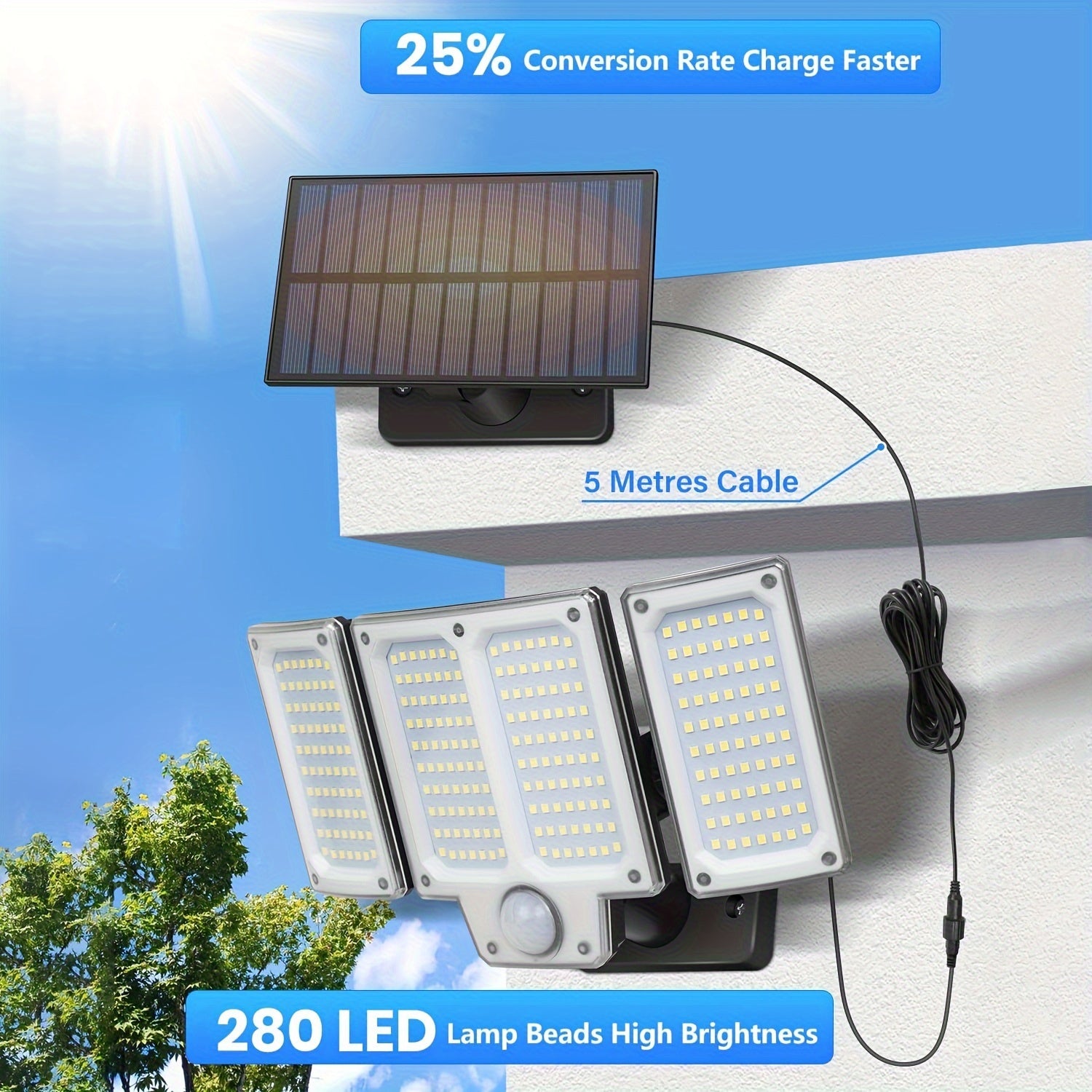 High Brightness Solar Motion Sensor Wall Light with Adjustable Heads and Multiple Modes for Outdoor Garden Patio and Garage