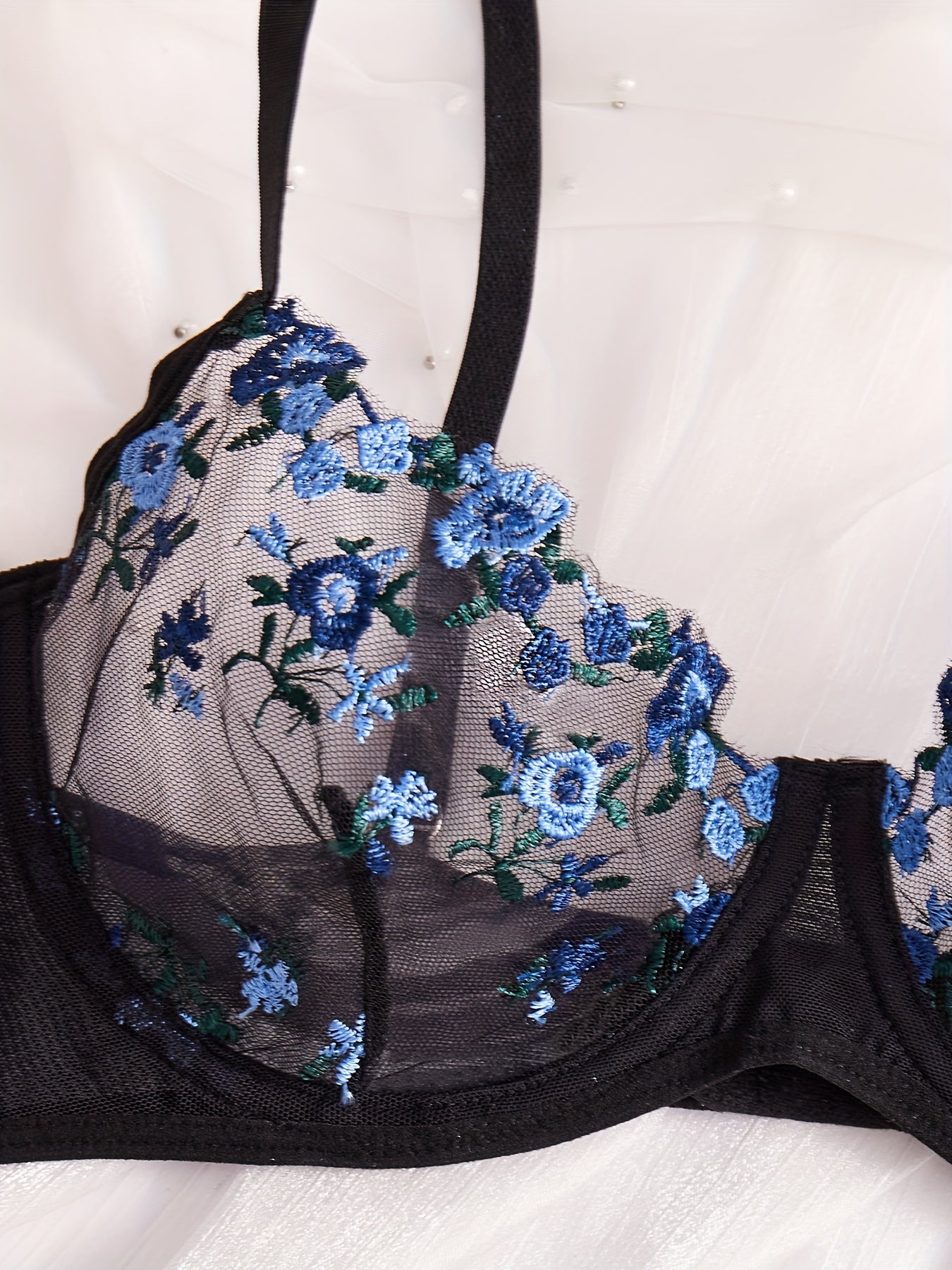 Women's Semi-Sheer Floral Embroidered Lingerie Set Bra and Thong