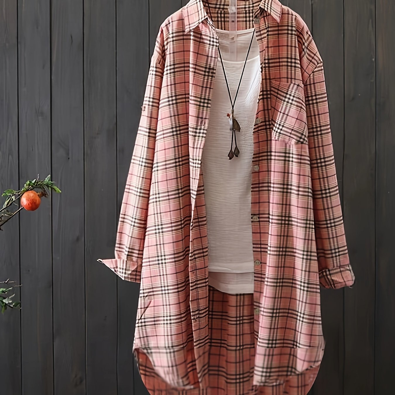 Plus Size Women's Plaid Button-Up Shirt Long Sleeve Green White Fall Spring