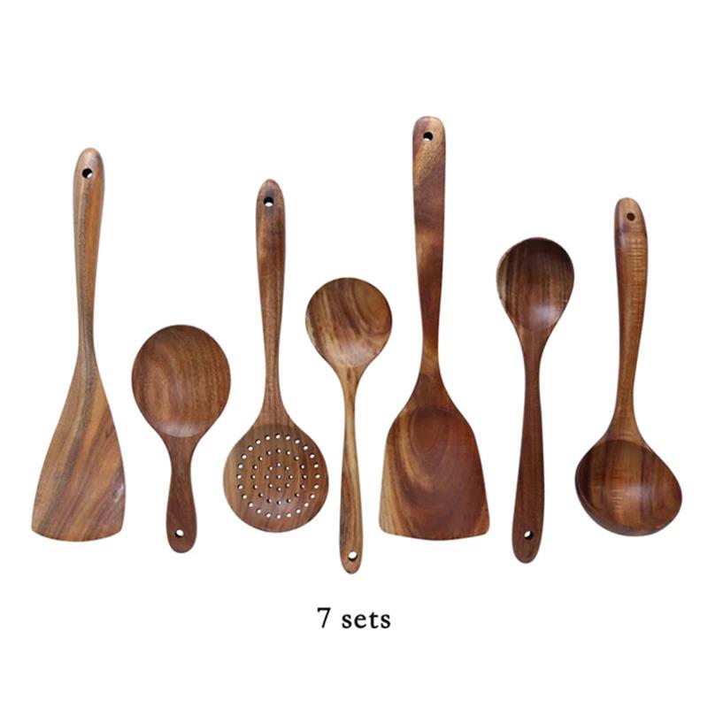 Set of 4/7 Natural Teak Wood Kitchen Utensils Including Spoons Ladles Turners Colanders and Scoops